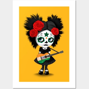 Sugar Skull Girl Playing Indian Flag Guitar Posters and Art